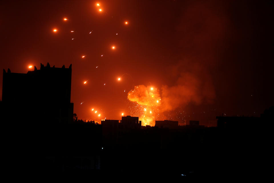 A Houthi arms depot explodes after it was hit by air strikes, Sanaa, Yemen, Jan. 31, 2018. (Photo: Khaled Abdullah/Reuters)