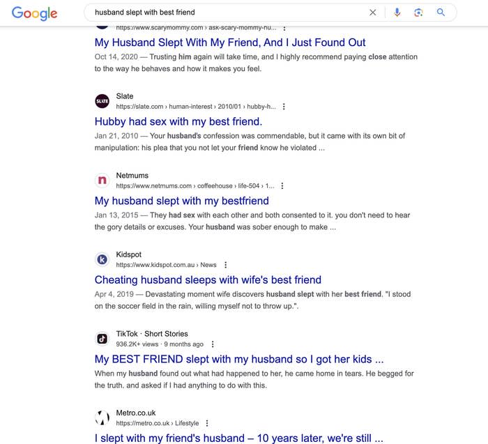 Search engine results for "husband slept with best friend" from various websites discussing infidelity and personal stories