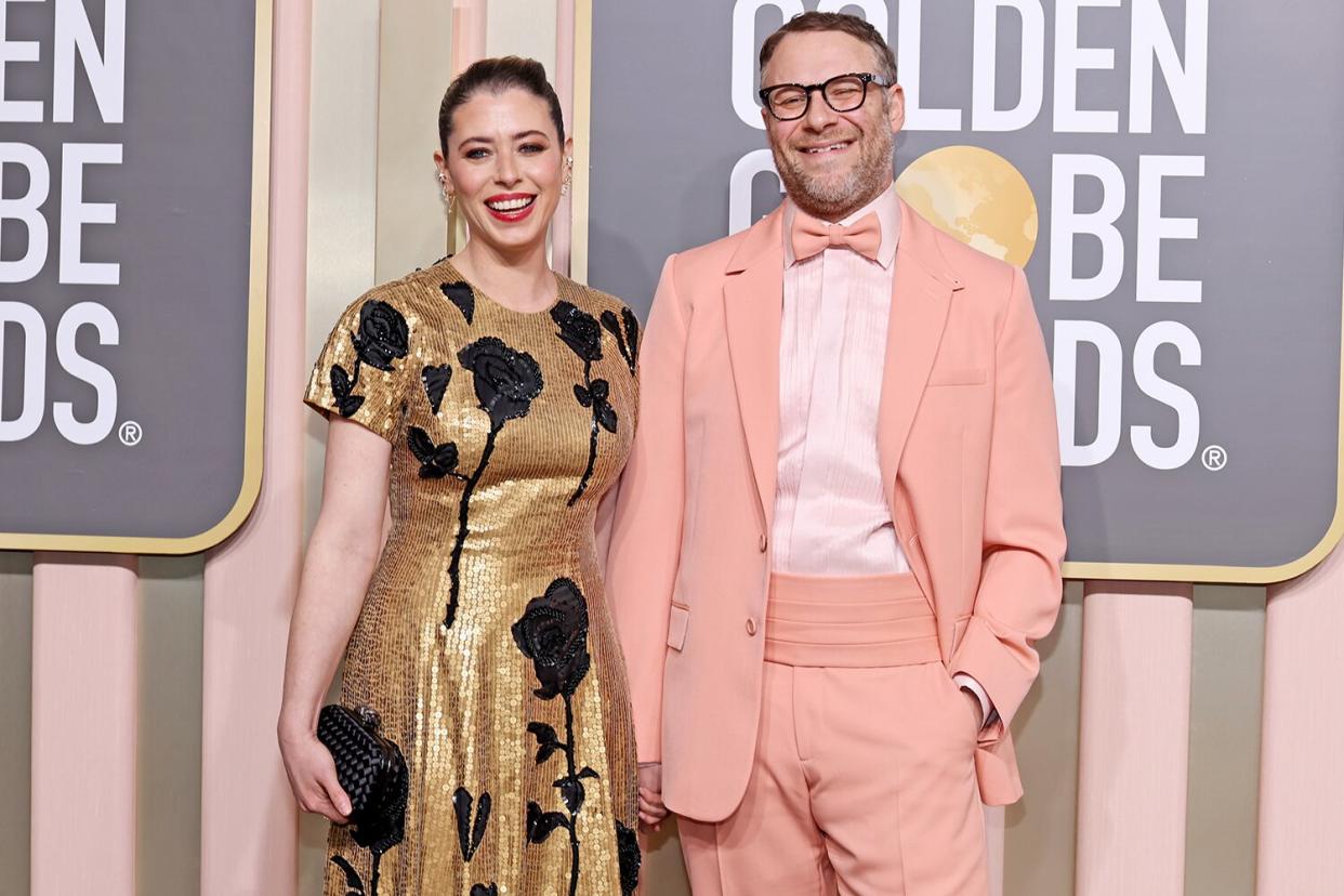 BEVERLY HILLS, CALIFORNIA - JANUARY 10: (L-R) Lauren Miller and Seth Rogen attend the 80th Annual Golden Globe Awards at The Beverly Hilton on January 10, 2023 in Beverly Hills, California. (Photo by Amy Sussman/Getty Images)