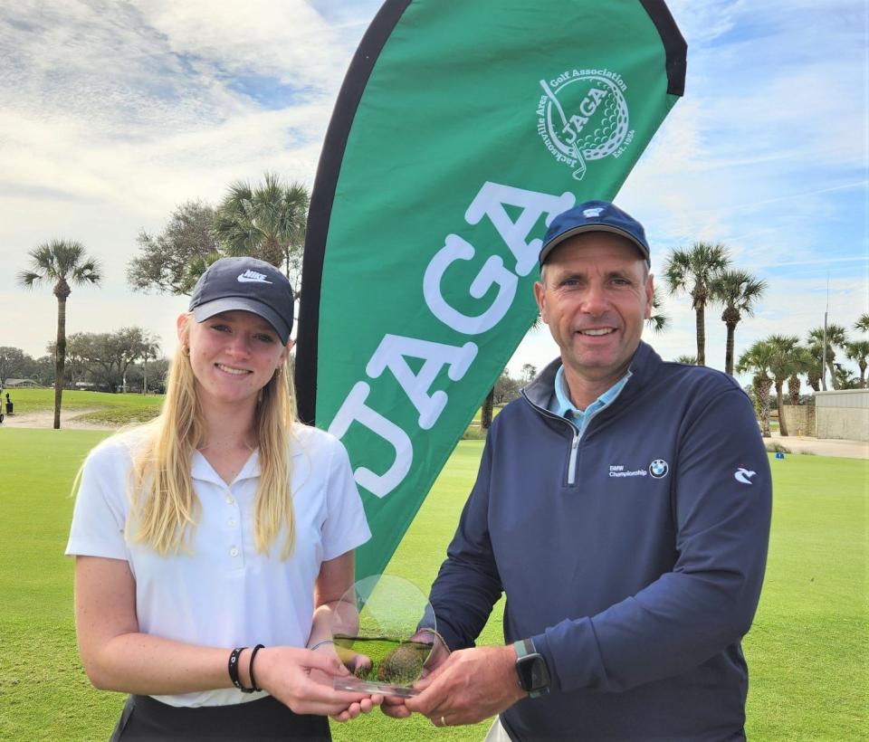 Nancy Cox (left) and her father Stephen Cox won the Barney Post gross flight of the Jacksonville Area Golf Association Family Championship last week, at the Jacksonville Beach Golf Club.