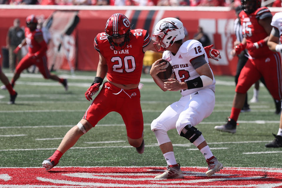 Sep 10, 2022; Salt Lake City, Utah, USA; Utah Utes linebacker Lander Barton (20) prepares to sack Southern Utah Thunderbirds quarterback Justin Miller (12) in the second quarter at Rice-Eccles Stadium. Mandatory Credit: Rob Gray-USA TODAY Sports