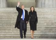 <p>In a sleek head-to-toe black Norisol Ferrari ensemble, Melania descended the stairs on her way into the Inauguration Concert in January 2017.</p>