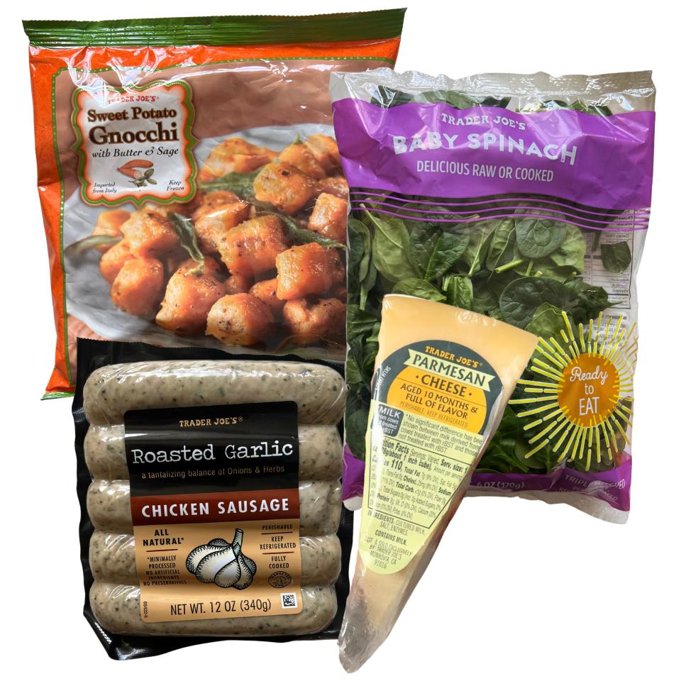 Sweet-potato gnocchi in package, bagged spinach, sausage in package, and wedge of yellow cheese