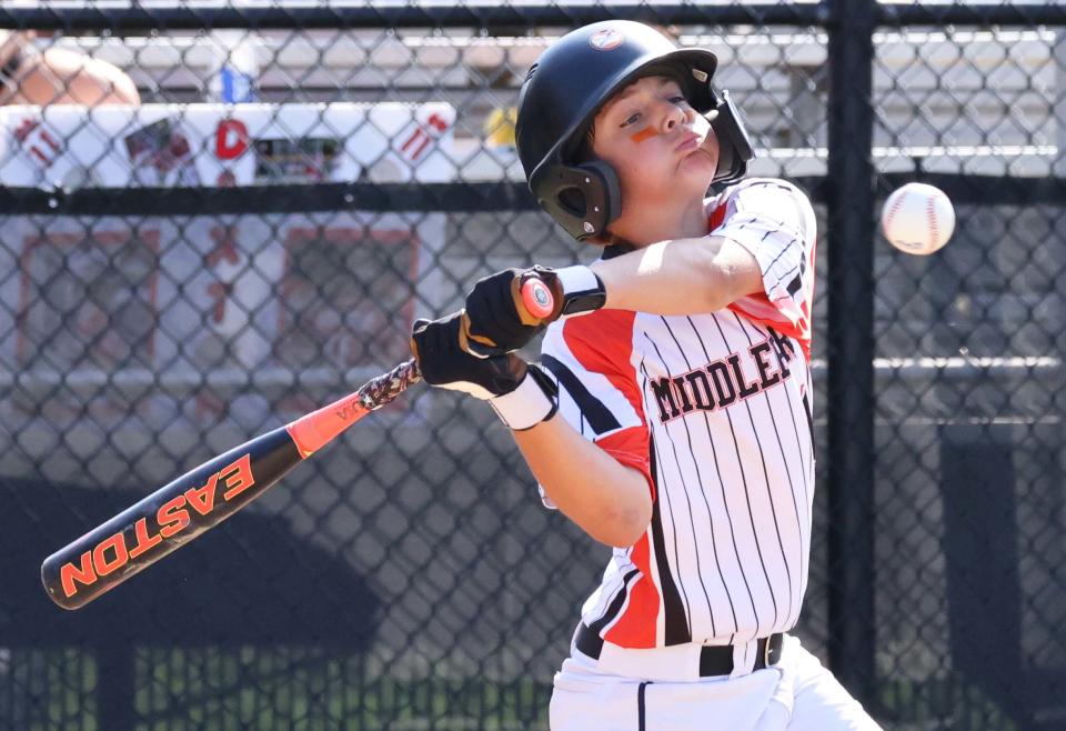 Middleboro 12U Nationals Nathan Mello batting during a game versus Bangor East, Maine at the Bartlett Giamatti Little League Leadership Training Center in Bristol, Connecticut for the New England Regional tournament on Monday, August  8, 2022.