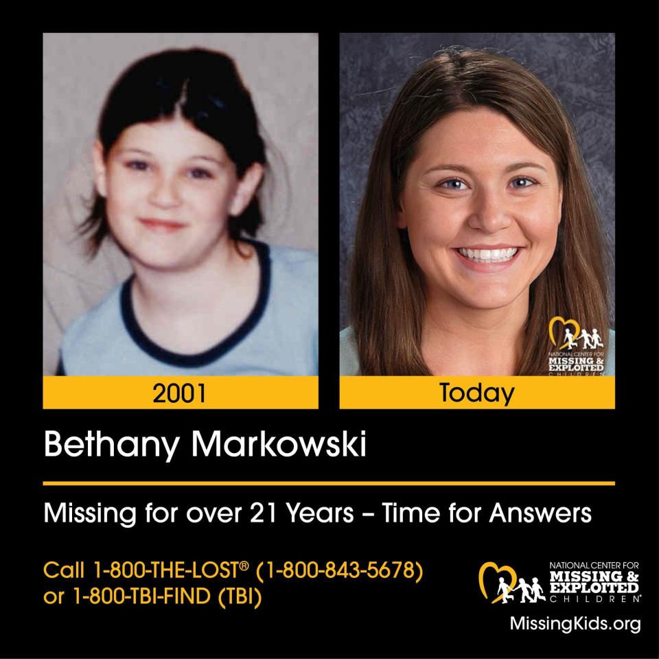 An age-progressed photo shows what Bethany Markowski, who disappeared from Jackson, Tennessee when she was 11, might look like today at age 32.