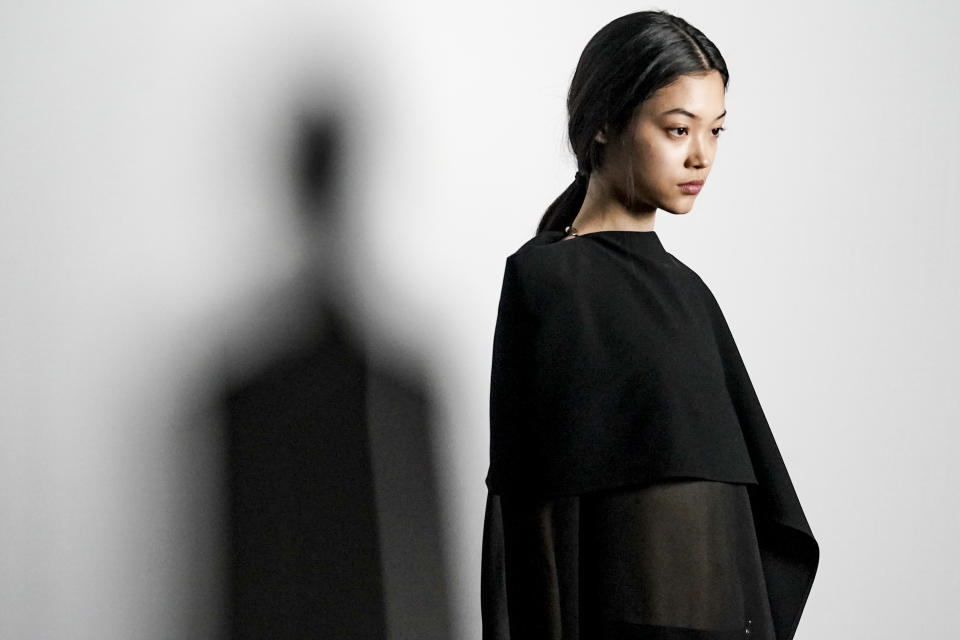 Fashion from Proenza Schouler latest collection is modeled backstage in a first-look setup during Fashion Week, Saturday Feb. 11, 2023 in New York. (AP Photo/Bebeto Matthews)