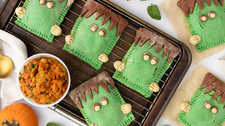 Frankenstein hand pies on rack