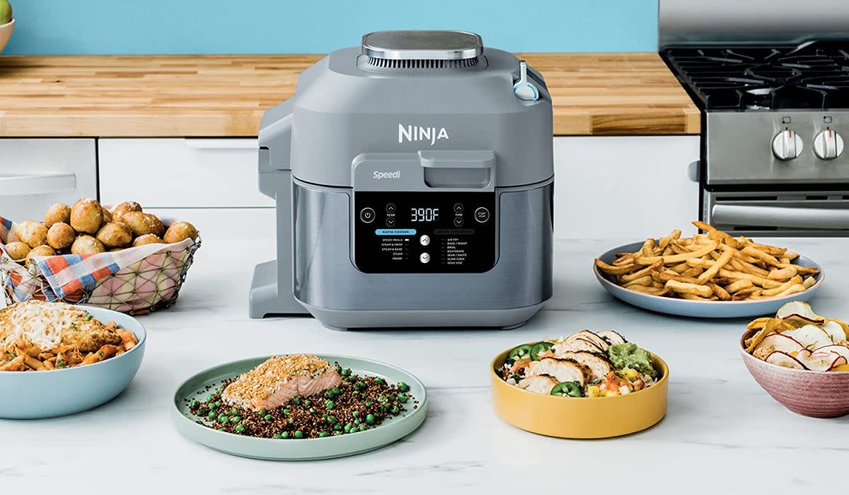 The Ninja Speedi shown with various foods it cooked.