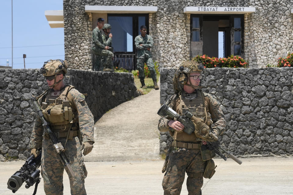 U.S. troopers secure an airport at the Philippines' northernmost town of Itbayat, Batanes province during a joint military exercise on Monday, May 6, 2024. American and Filipino marines held annual combat-readiness exercises called Balikatan, Tagalog for shoulder-to-shoulder, in a show of allied battle readiness in the Philippines' northernmost island town of Itbayat along the strategic Bashi Channel off southern Taiwan. (AP Photo/Aaron Favila)