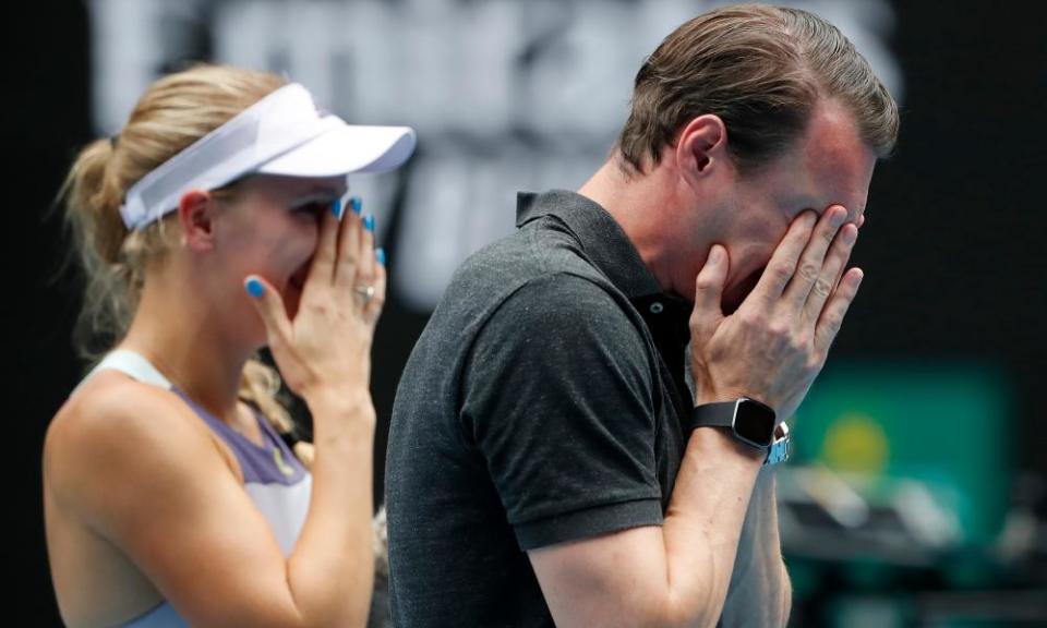 Caroline Wozniacki and her brother Patrik in tears during her retirement ceremony at the Australian Open.