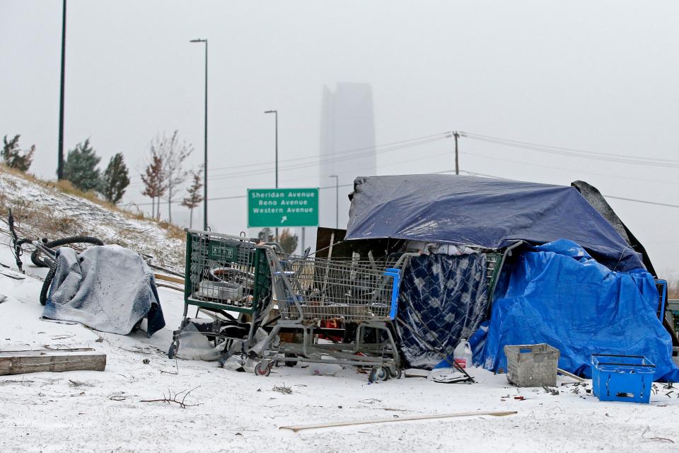 A homeless camp is seen Thursday west of downtown Oklahoma City during a winter storm.