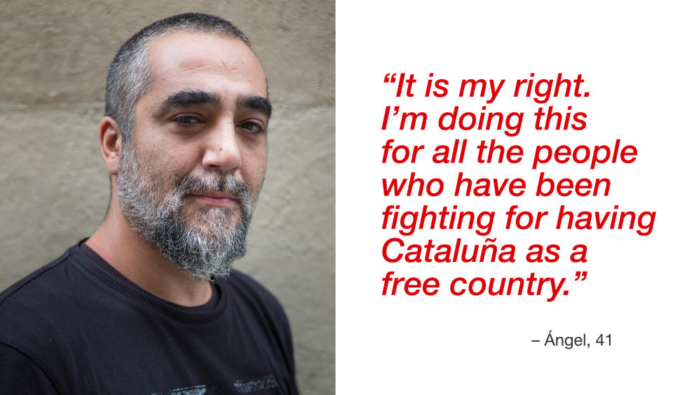 <p>“It is my right. I’m doing this for all the people who have been fighting for having Cataluña as a free country. My father is from Galizia and my mother is Catalan. I voted ‘Yes’.” (Photograph by Jose Colon/ MeMo for Yahoo News) </p>