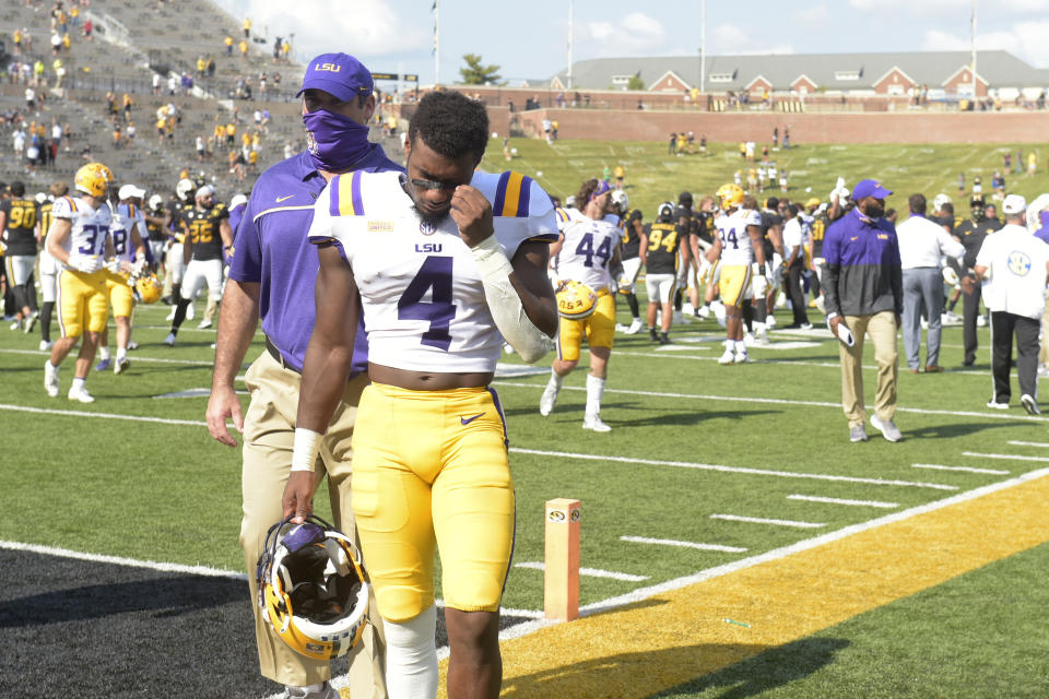 LSU safety Todd Harris Jr. walks off the field following a 45-41 upset loss to Missouri in an NCAA college football game Saturday, Oct. 10, 2020, in Columbia, Mo. (AP Photo/L.G. Patterson)