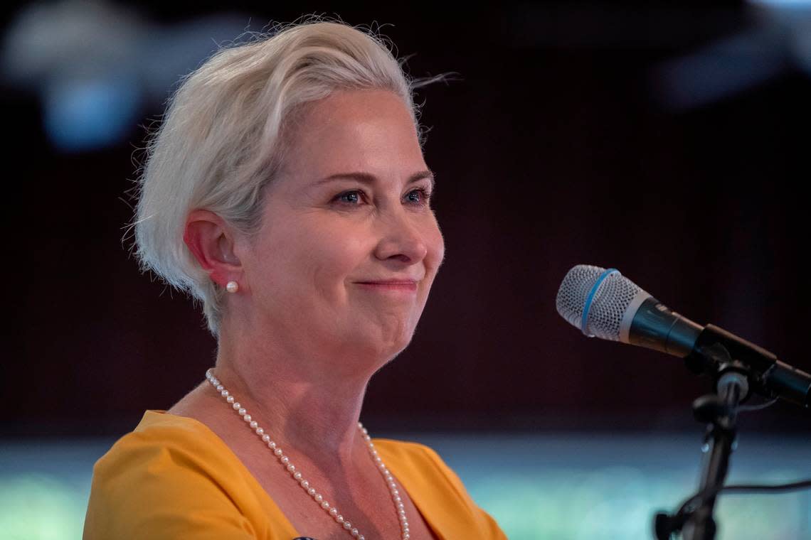 Kim Reeder, Democratic candidate for Kentucky state auditor, speaks during the Fancy Farm picnic in Fancy Farm, Ky., on Saturday, Aug. 5, 2023.