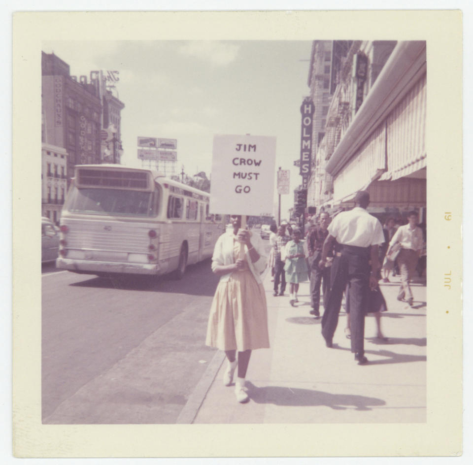 Individuals with the New Orleans Chapter of the Congress of Racial Equality (CORE) demonstrate on Canal Street near Woolworth’s and McCrory’s in New Orleans in this photograph taken in April 1961. The house that belonged to the family of civil rights activist Oretha Castle Haley has been added to the National Register of Historic Places. (Courtesy Connie Harse Papers/Amistad Research Center, New Orleans via AP)