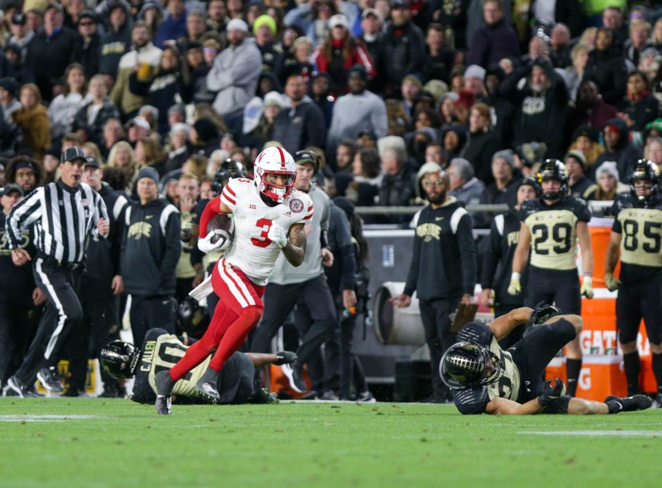 Nebraska Cornhuskers wide-receiver Trey Palmer (3) breaks through the Boilermaker defense during the NCAA football game against the Purdue Boilermaker, at Ross-Ade Stadium, on Oct. 15, 2022, in West Lafayette, Ind