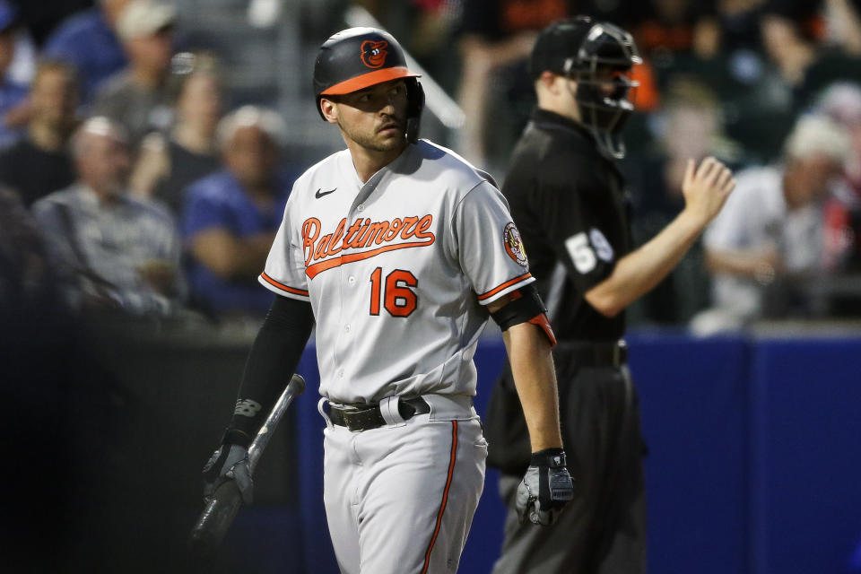 Baltimore Orioles' Trey Mancini (16) walks back to the dugout after striking out during the fifth inning of a baseball game against the Toronto Blue Jays in Buffalo, N.Y., Thursday, June 24, 2021. (AP Photo/Joshua Bessex)