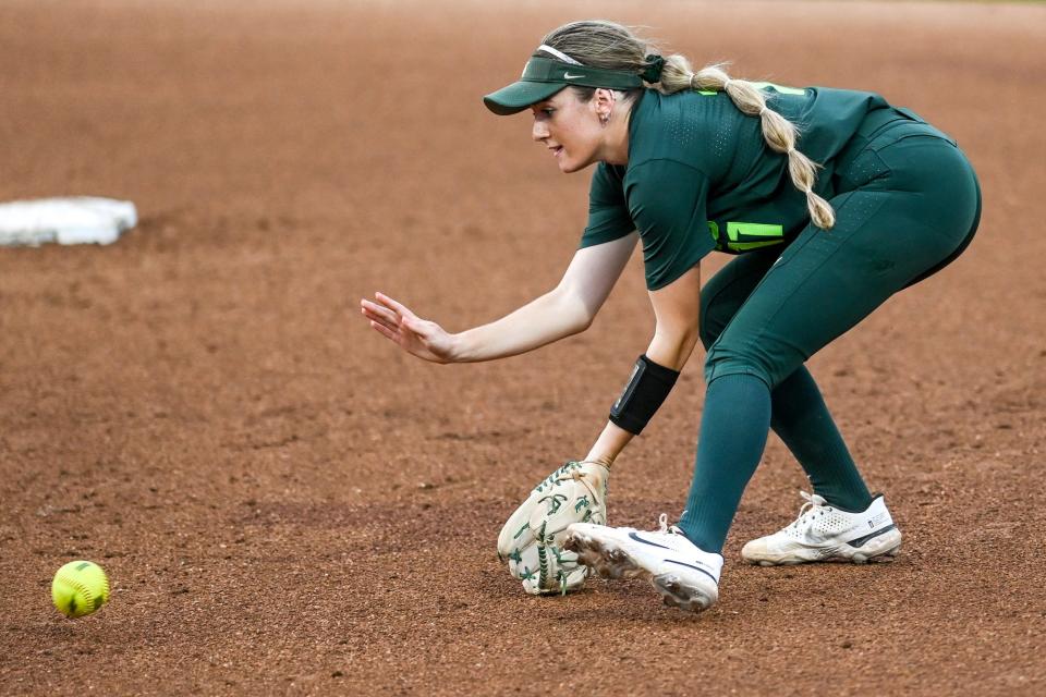 Michigan State's Caitie Ladd fields a ball against Maryland during the fourth inning on Wednesday, May 11, 2022, at Secchia Stadium in East Lansing.