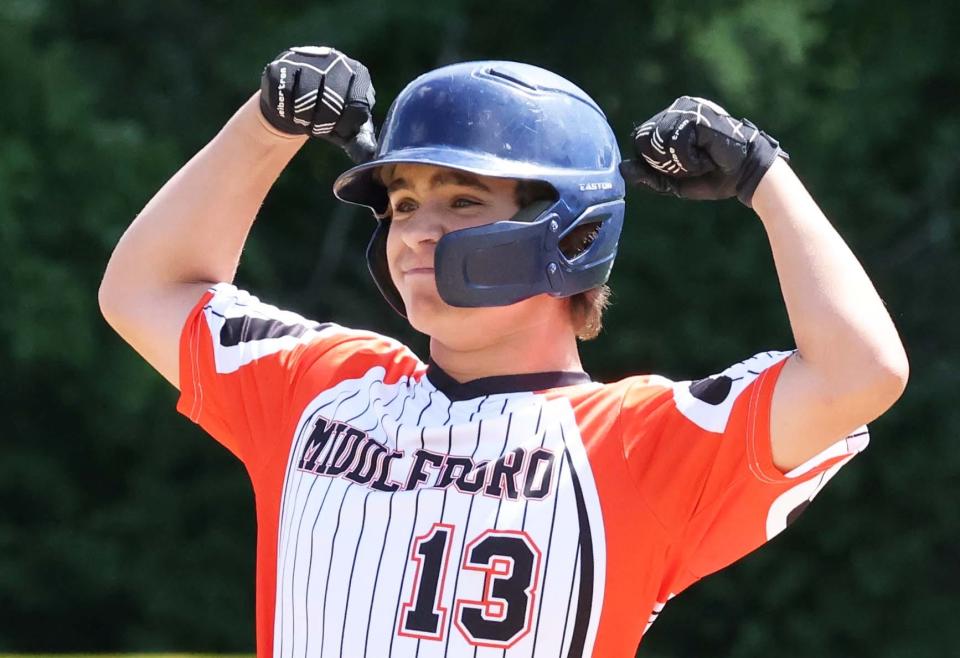Middleboro 12U Nationals Ayden Morris celebrates his double during a game versus Concord, New Hampshire at Bartlett Giamatti Little League Leadership Training Center in Bristol, Connecticut for the New England Regional tournament on Wednesday, August  10, 2022.