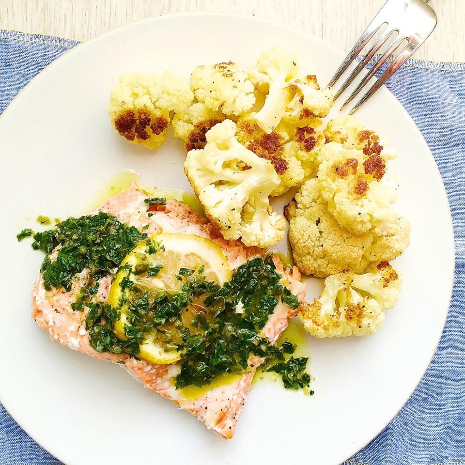 Roasted Salmon and Cauliflower with Parsley-Caper Sauce