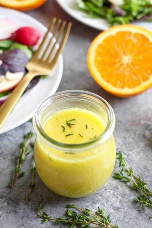 <p>The Real Food Dietitian</p><p>This flavor-packed, Whole30-compliant citrus vinaigrette with thyme comes together in minutes and is far healthier and cheaper than store-bought dressings.</p><p><strong>Get the recipe: <a href="https://therealfooddietitians.com/citrus-vinaigrette-thyme/" rel="nofollow noopener" target="_blank" data-ylk="slk:Citrus Vinaigrette with Thyme;elm:context_link;itc:0;sec:content-canvas" class="link rapid-noclick-resp">Citrus Vinaigrette with Thyme</a></strong></p>