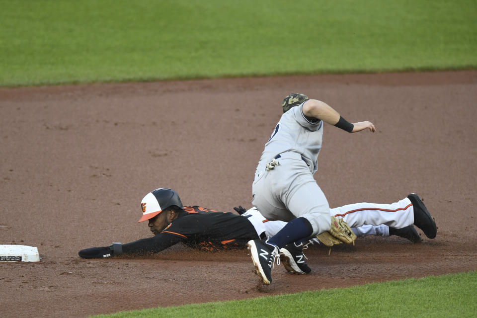 Baltimore Orioles' Cedric Mullins is tagged out by New York Yankees second baseman DJ LeMahieu while attempting to steal second during the first inning of a baseball game on Friday, May 14, 2021, in Baltimore. (AP Photo/Terrance Williams)