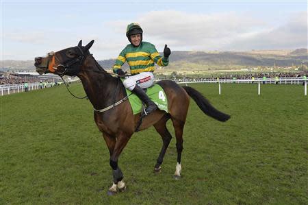 Jockey Barry Geraghty riding Jezki celebrates winning the Champion Hurdle Challenge Trophy at the Cheltenham Festival horse racing meet in Gloucestershire, western England March 11, 2014. REUTERS/Toby Melville