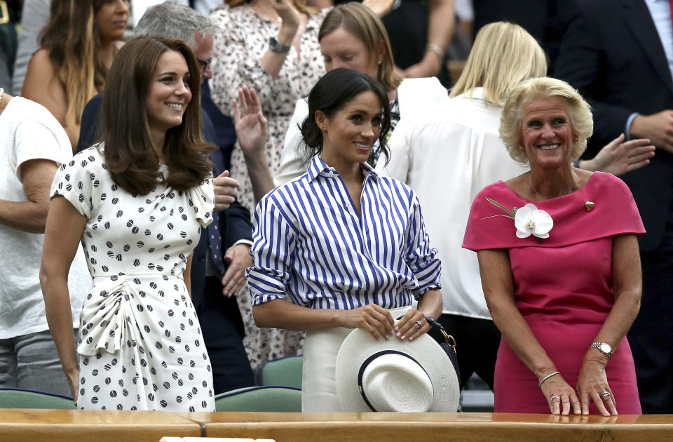 Kate Middleton, Meghan Markle, and Gill Brook at Wimbledon (2018) - Credit: AP.