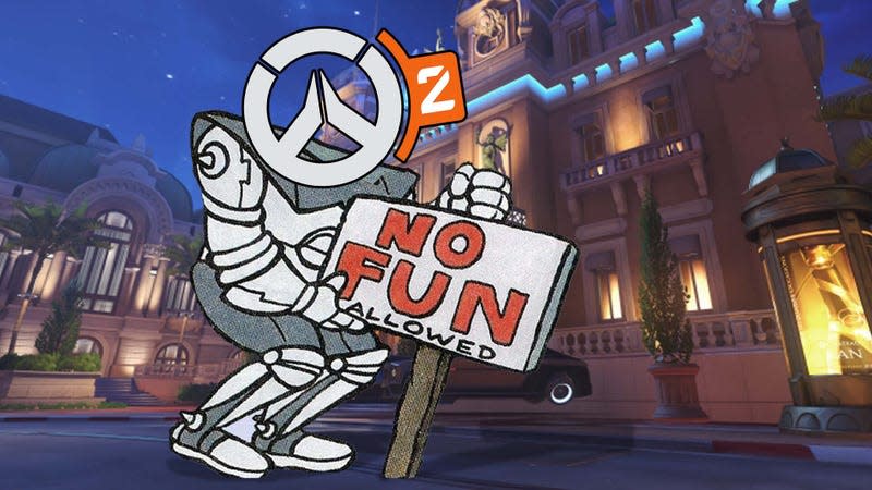 A modified screenshot from the Sonic the Hedgehog book Sonic&#39;s Shoes Blues with a bot holding a &quot;No Fun Allowed&quot; sign in front of an Overwatch 2 map. 