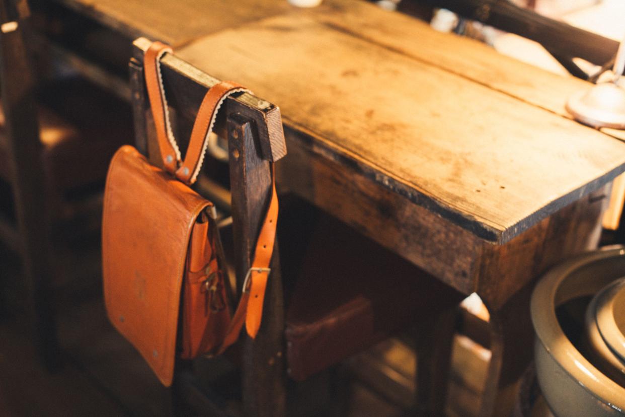 close up of backpack in classroom