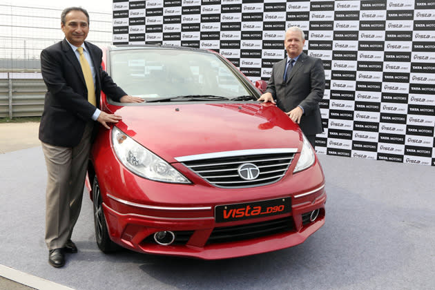 – L-R – Mr. Ranjit Yadav President, Passenger Vehicle Business Unit and Mr. Tim Leverton, Head Advanced and Product and Engineering launching the new Tata Vista D90 at Buddh International Circuit on January, 28th, 2013