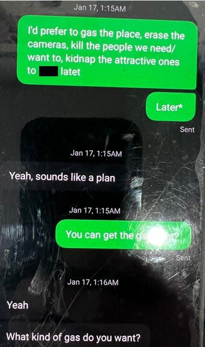 Screenshot of the cellphone prosecutors say was used by a 14-year-old Mariemont High School student to plan a mass shooting at the school with a man in his 20s who lives in another state. The 14-year-old has been charged with conspiracy to commit aggravated murder.