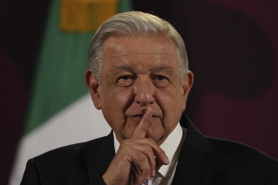 Mexican President Andres Manuel Lopez Obrador gives his daily, morning press conference at the National Palace in Mexico City, Friday, March 1, 2024. (AP Photo/Marco Ugarte)