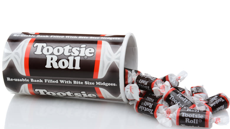 Tootsie Rolls in a canister