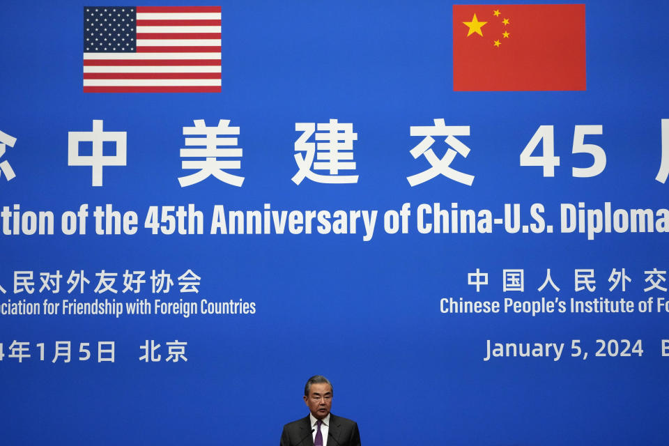 Chinese Foreign Minister Wang Yi speaks during a reception for Commemoration of the 45th Anniversary of China-U.S. Diplomatic Relations at the Diaoyutai Guest House in Beijing, Friday, Jan. 5, 2024. (AP Photo/Andy Wong, Pool)