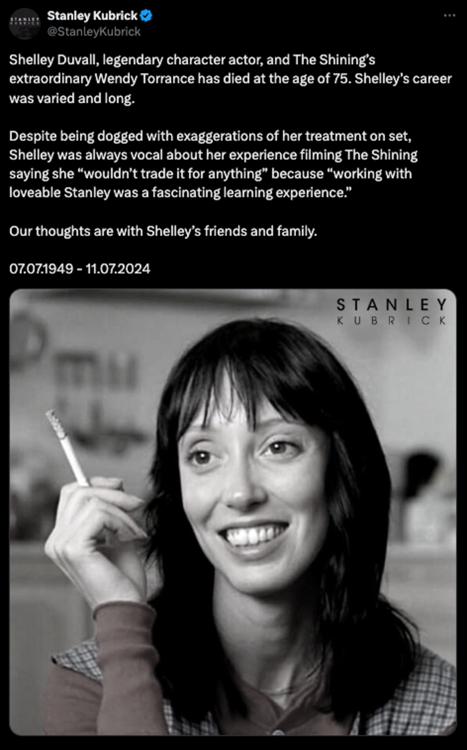 ‘Shelley’s career was varied and long,’ the Stanley Kubrick estate posted on X (Stanley Kubrick X account)