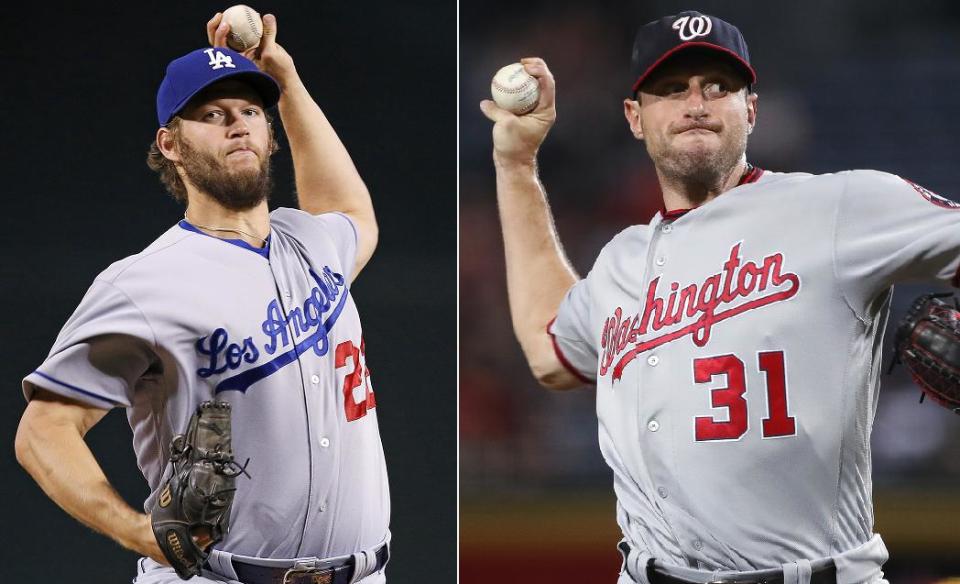 Aces Clayton Kershaw of the Dodgers and Max Scherzer of the Nationals will meet in NLDS Game 1. (AP photos)