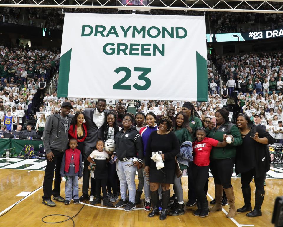 Draymond Green and family pose for photos, Tuesday, November 3, 2019 at the Breslin Center in East Lansing, Mich.