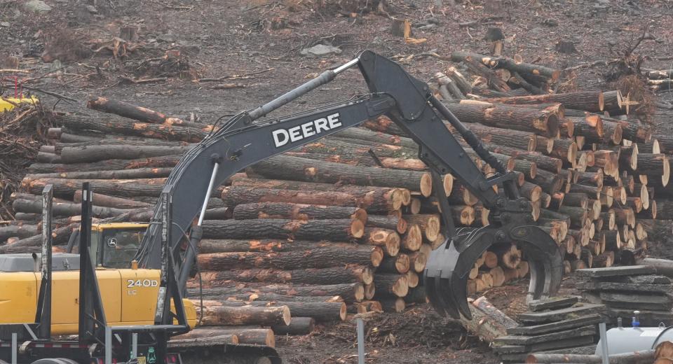 Denville, NJ - April 2, 2024 -- An area along Route 10 east is cleared of trees to make way for the construction of 120 new homes in Denville.