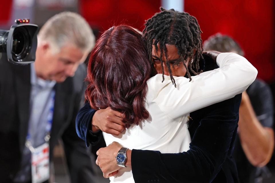 Jaden Ivey is congratulated by his mother, Notre Dame coach Niele Ivey, after being selected fifth overall by the Pistons in the first round of the NBA draft at Barclays Center on Thursday, June 23, 2022.