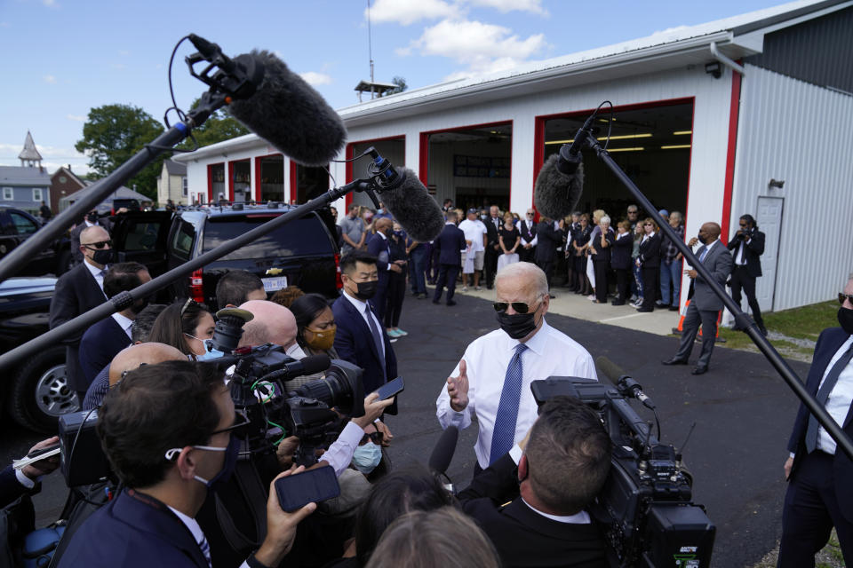 President Joe Biden speaks to members of the media as he visits the Shanksville Volunteer Fire Department in Shanksville, Pa., Saturday, Sept. 11, 2021. Biden stopped by after visiting the nearby Flight 93 National Memorial to commemorate the 20th anniversary of the Sept. 11, 2001, terrorist attacks. (AP Photo/Evan Vucci)