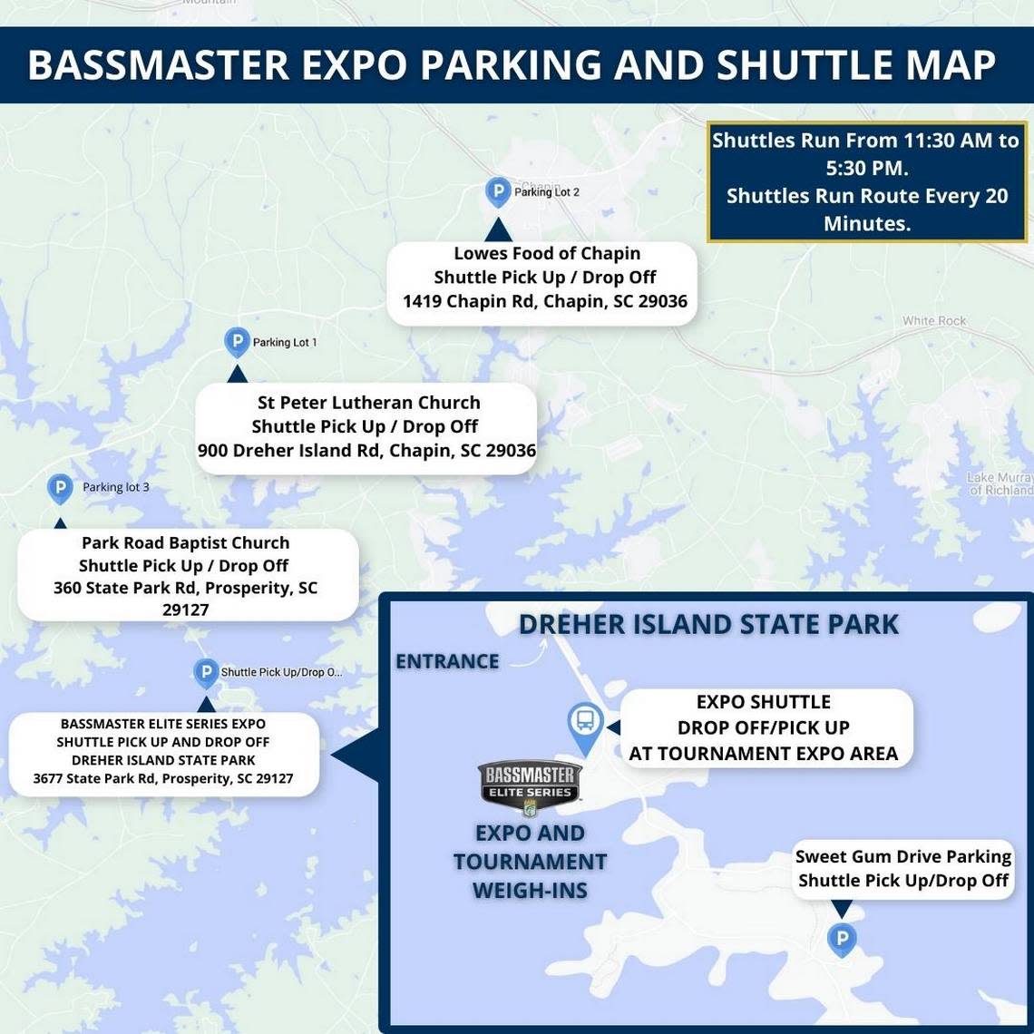 Shuttle locations for the Bassmaster Elite Series on Lake Murray April 22 and April 23, 2023. Lake Murray Country