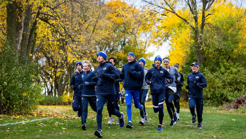 BYU cross-country runners warm up prior to the Big 12 championships earlier this fall. On Friday, the BYU men’s team placed second in the NCAA regionals in Lubbock, Texas.