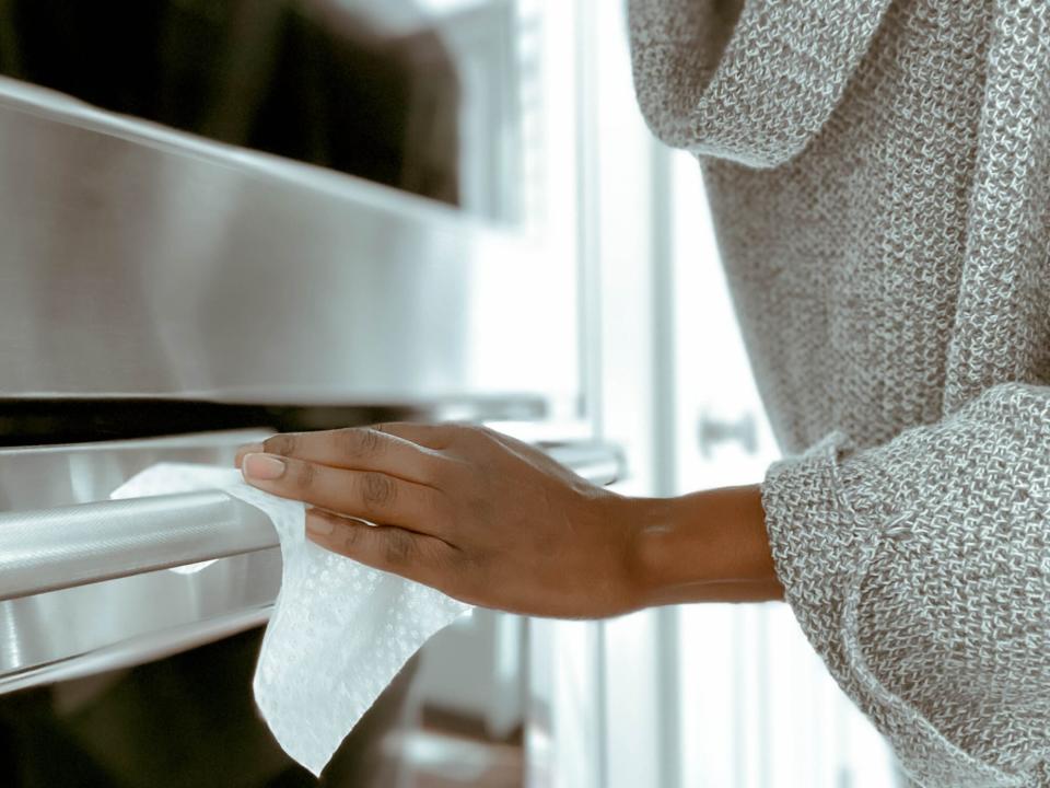 woman cleaning oven door