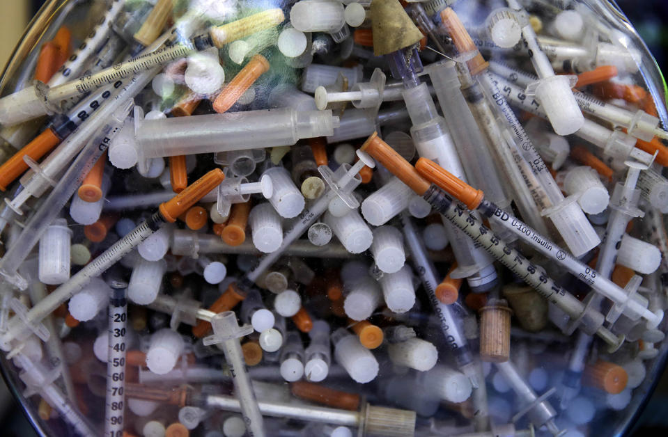 <p>Hypodermic needles that were recovered from the Merrimack River in 2016, at the Clean River Facility facility in Methuen, Mass. Syringes left by drug users amid the heroin crisis are turning up everywhere. They hide in weeds along hiking trails and in playground grass, get washed into rivers and onto beaches, and lie scattered about in baseball dugouts and on sidewalks and streets. There are reports of children finding them and getting poked. (Photo: Charles Krupa/AP) </p>