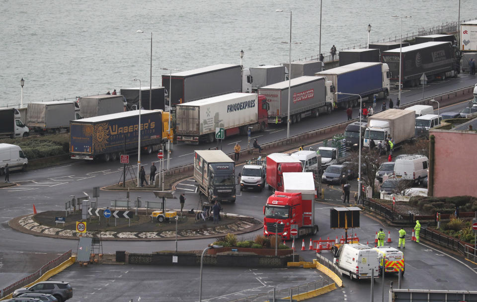 Lorries parked up outside the entrance to the Port of Dover, Kent, following the closing of French borders to arrivals from the UK.