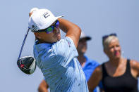 Rickie Fowler tees off on the ninth hole during the third round of the 3M Open golf tournament in Blaine, Minn., Saturday, July 24, 2021. (AP Photo/Craig Lassig)