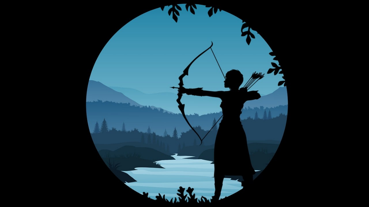  An artist's drawing of a woman hunting with a bow and arrow.  