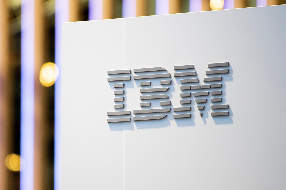 A logo sits illumintated outside the IBM booth on day 2 of the GSMA Mobile World Congress 2019 (Getty Images)