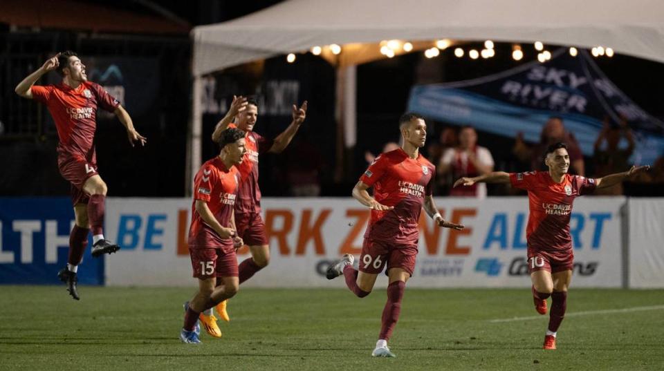 Luis Felipe Fernandes (96) and his Sacramento Republic FC teammates celebrate following his score in overtime against the San Jose Earthquakes in a U.S. Open Cup game on Tuesday at Heart Health Park in Sacramento.